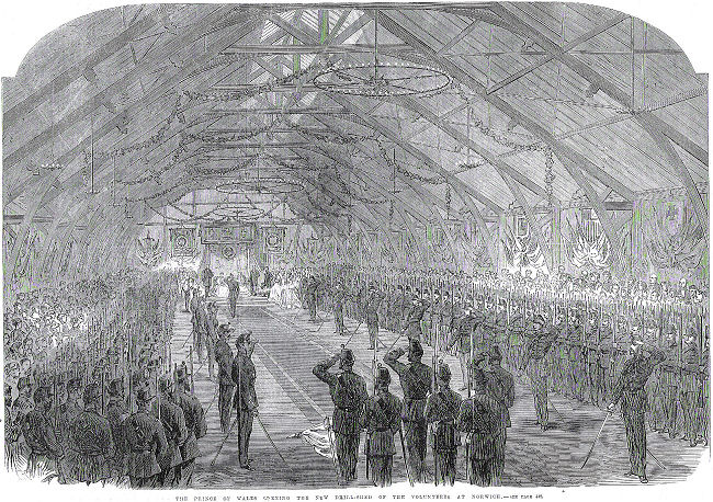 Enlarged engraving of the Prince of Wales opening the new Drill-shed of the Volunteers at Norwich, from the Illustrated London News, November 10th, 1866.